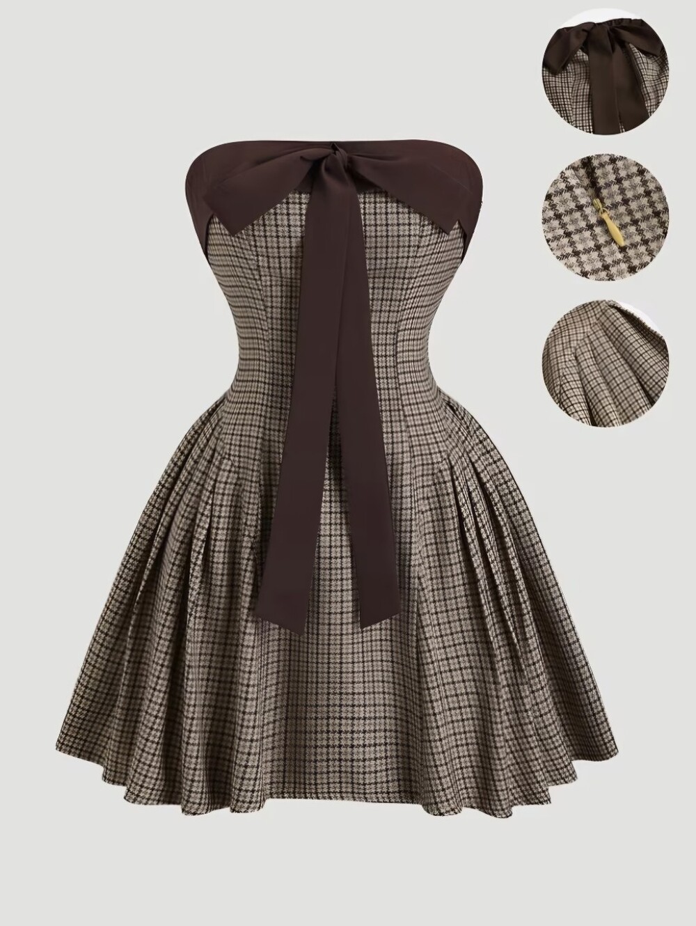 Retro Preppy Style Cami Dress Houndstooth Bow Waist-Cinching A-Line Pleated Skir - Picture 3 of 6